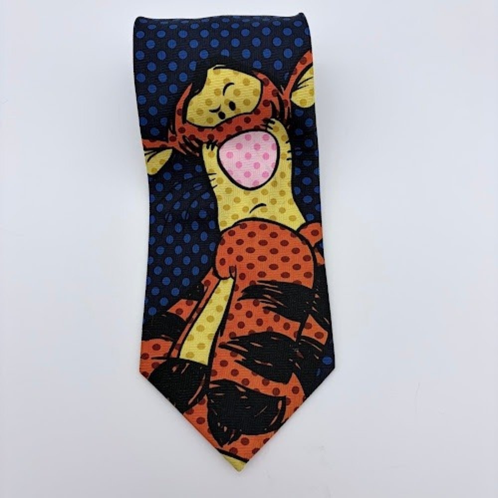 Disney Pooh Necktie Mens OS Blue Polka Dot Tigger Character Print VTG Tie